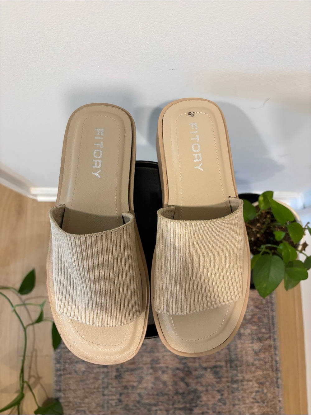 Beige Ribbed Stretch Platform Slide Sandals - Picture 3 of 7